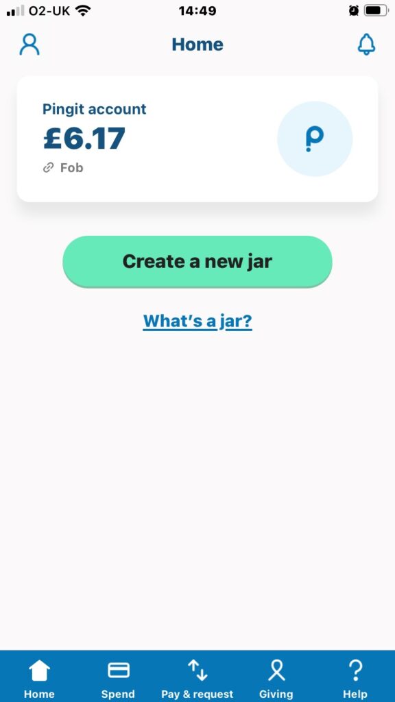 A screenshot of the Pingit app home screen, which includes an indication that there is £6.17 in the Pingit account, as well as options including 'create a new jar', and options for 'home', 'spend', 'pay and request', 'giving' and 'help'