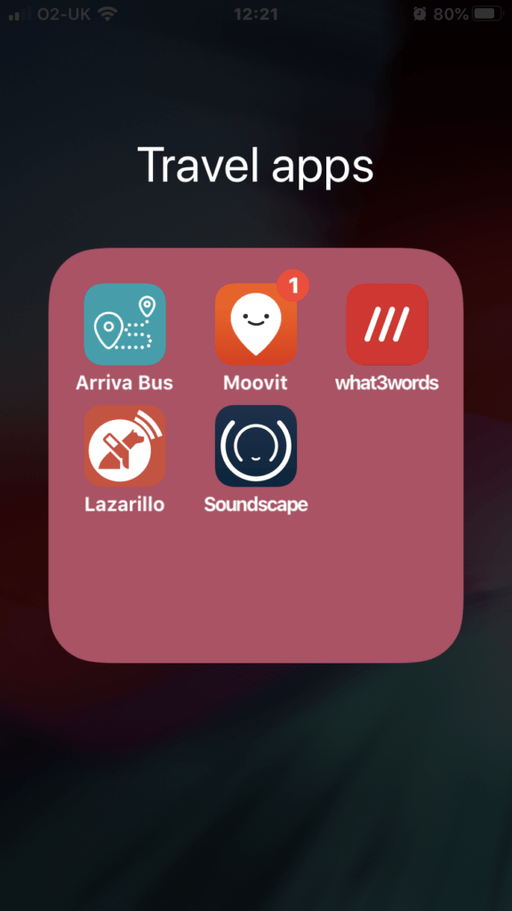 A screenshot of a travel apps folder. Along the top row are the apps Arriva Bus UK, Moovit and What3words. Along the bottom are Lazarillo and Soundscape.