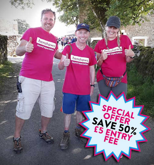 Three people smiling to camera all wearing Henshaws T-Shirts, Special Offer save 50%, £5 Entry Fee until 14 Feb 22