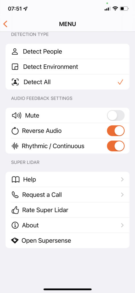 Screenshot displaying Super Lidar settings menu