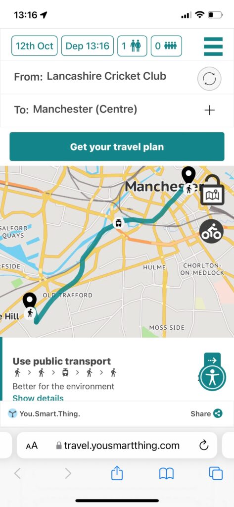Screenshot of the travel assist app from an Iphone, an example journey from Lancashire County Cricket Club to central Manchester