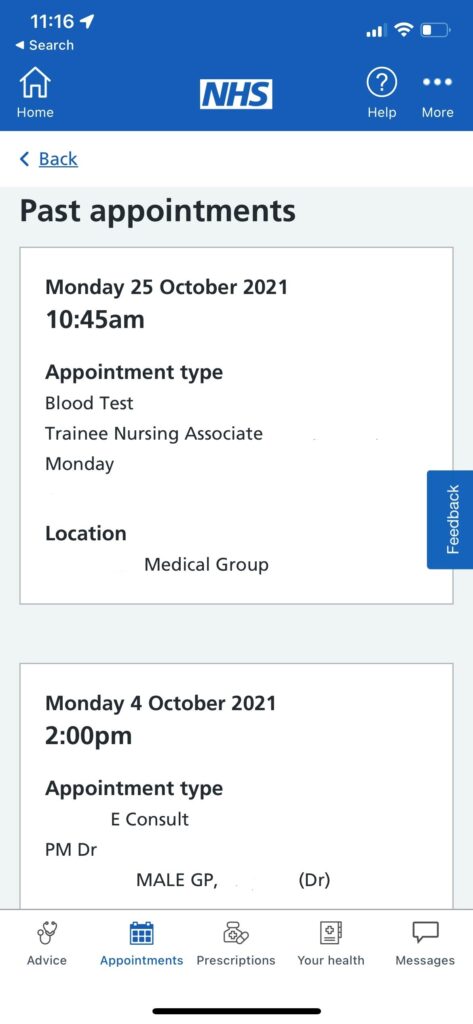 NHS App Appointment screen