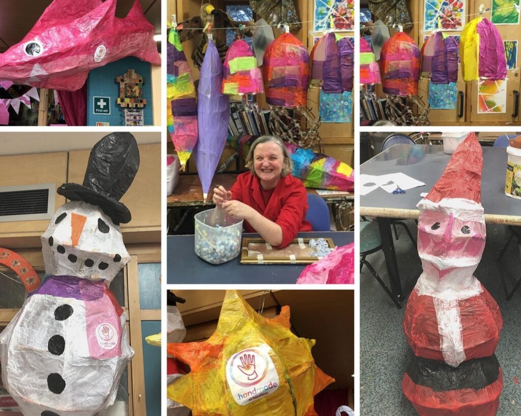 Montage of colourful tissue paper lanterns with smiling art maker at the centre