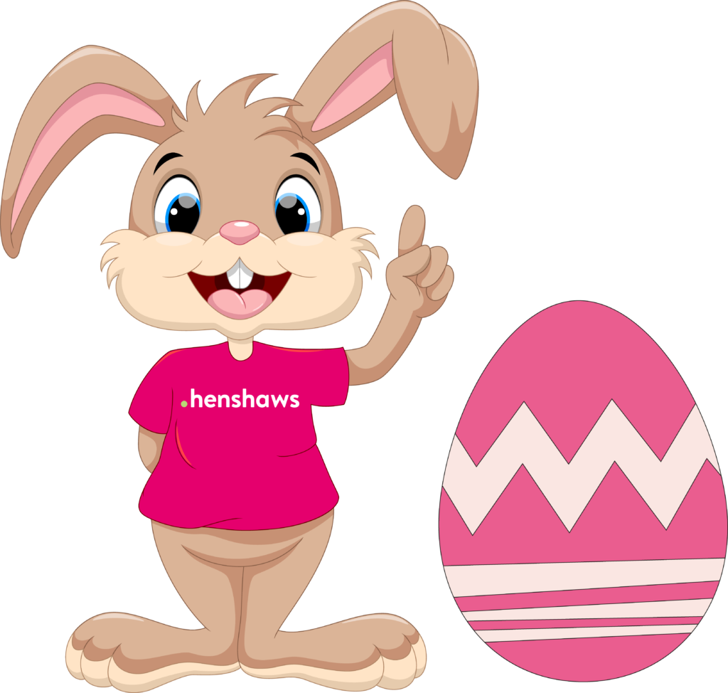 A rabbit wearing a Henshaws T Shirt. Alongside the rabbit is a pink decorated egg